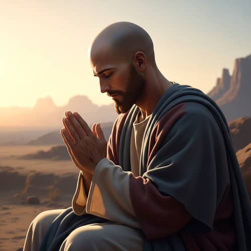 Bald Jesus in Serene Desert Prayer Scene | Religious Art