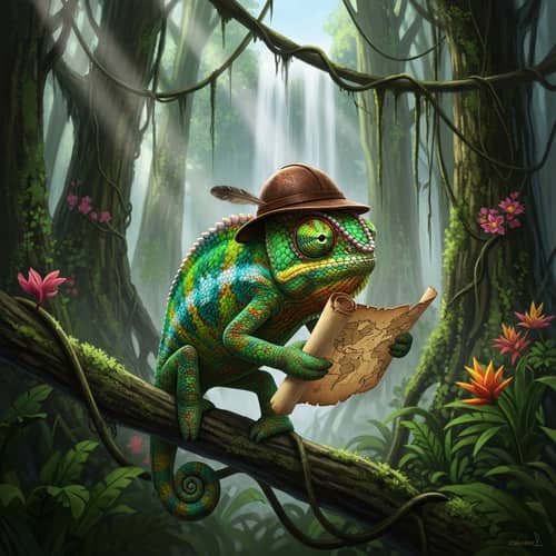 Color-Changing Chameleon Explorer in Lush Landscape