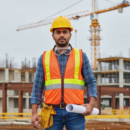 South Asian Male Construction Worker with Hardhat and Blueprints