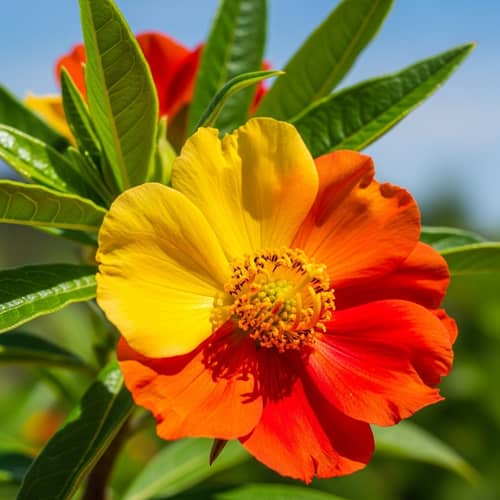 Vibrant Flower in Full Bloom: Vivid Colors and Golden Stamen