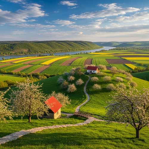 Tranquil Countryside Landscape with River, Cottage, and Fields