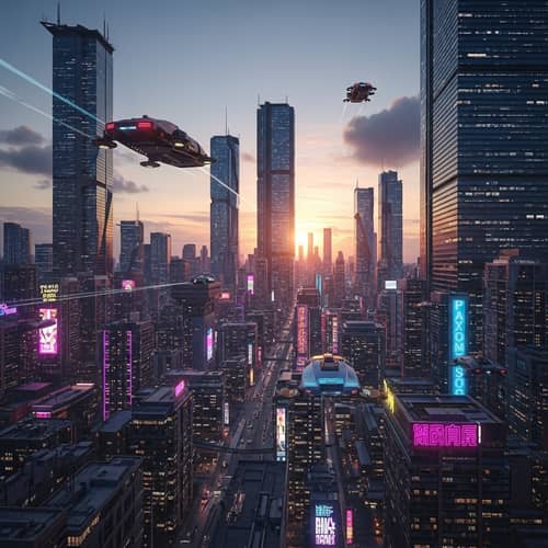 Futuristic Cityscape at Sunset | Vibrant Neon Lights & Flying Cars