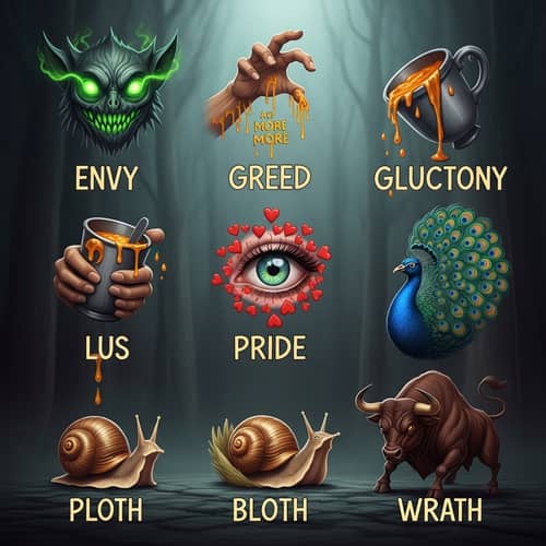 Symbols of Seven Deadly Sins Depicted in Dark Atmosphere