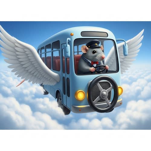 Whimsical Bus with Wings Soaring in Blue Sky