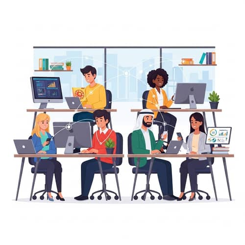 Diverse Team of Professionals in Modern Office Space | Collaboration Illustration