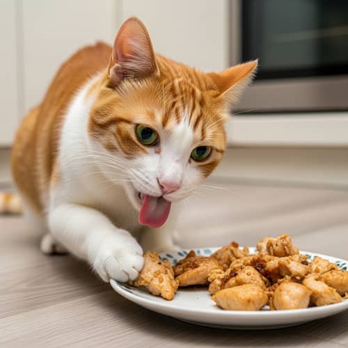 Sleek Orange and White Cat Enjoying Chicken | Kitchen Scene