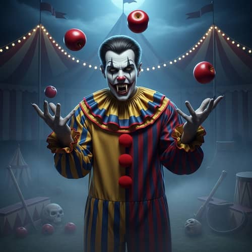 Sinister Vampire Clown in Classic Circus Tent | Haunting Scene
