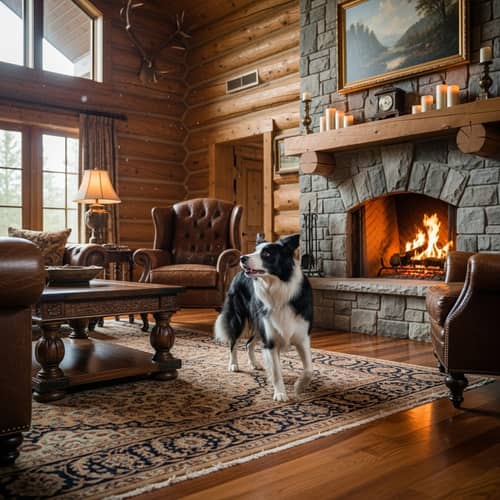 Luxurious Log Cabin with Border Collie Dog | Interior Design