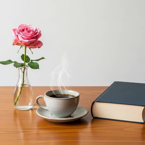 Cozy Coffee Cup, Book, and Rose on Wooden Table