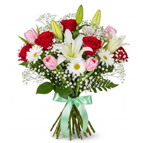 Vibrant Bouquet of Roses, Tulips, Daisies, Lilies & Baby's Breath