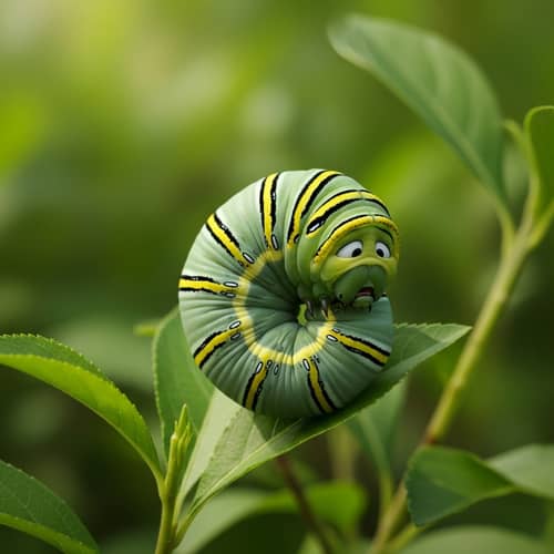 Scared Caterpillar in Nature - Green with Yellow Stripes
