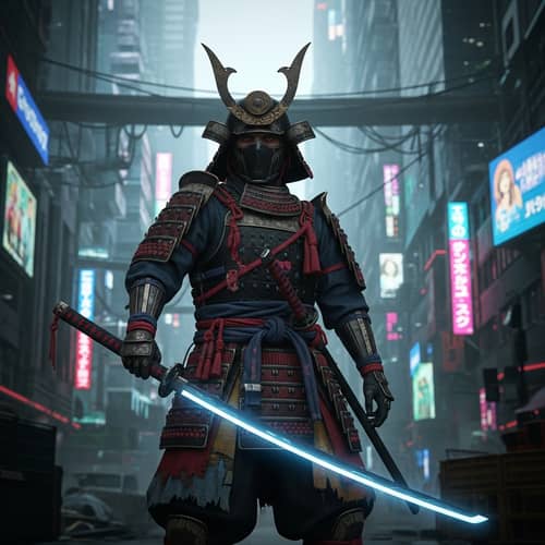 Futuristic Samurai in Dystopian City | Reclaimed Armor & Neon Katana