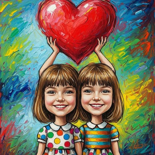 Vivid Two-Headed Little Girl Caricature with Heart