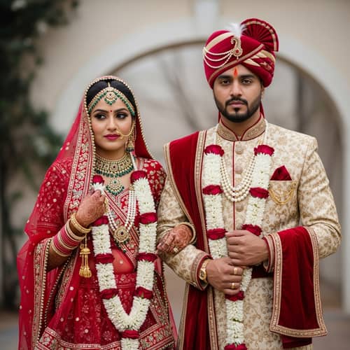 Rajasthani Attire Couple Preparing for Vibrant Wedding