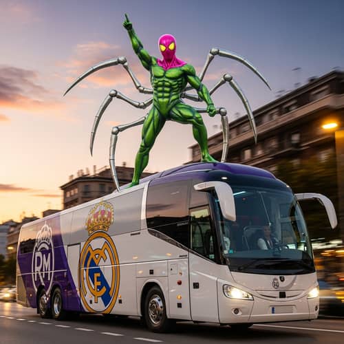 Unique Spider-Themed Superhero Stands on Football Team Bus