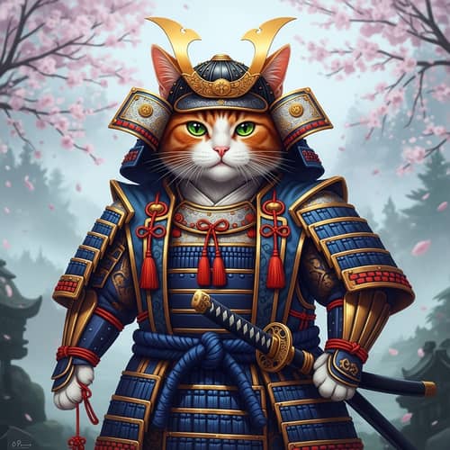 Samurai Cat - Vibrant Orange Feline in Ornate Armor