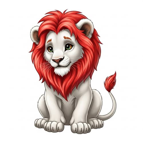 Vibrant White Lion Cub with Bright Red Mane | Playful Cartoonish Style
