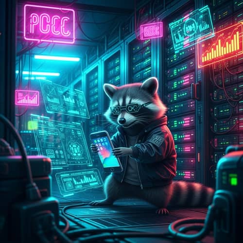 Futuristic Cyber-Themed Data Center with a Mischievous Raccoon in a Hacker Jacket
