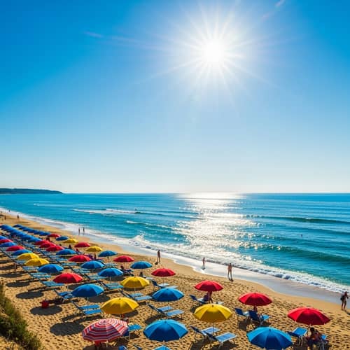 Tranquil Sunny Beach Scene with Colorful Umbrellas | Seashore Beauty