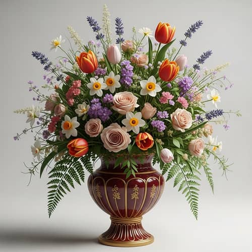 Exquisite Red and Gold Vase with Floral Arrangement