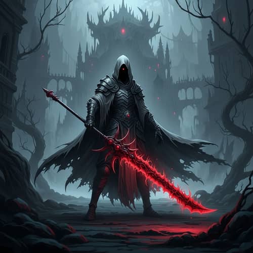 Dark Cloaked Character with Haunting Crimson Glowing Blade