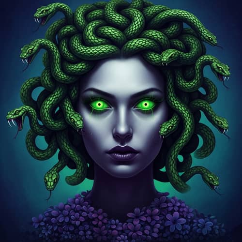 Surrealist Portrait of Medusa with Glowing Green Snake Eyes