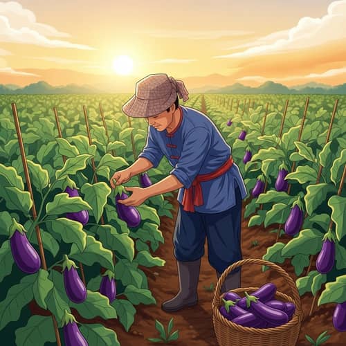 Harvesting Eggplant in Vibrant Field | Asian Farmer Scene