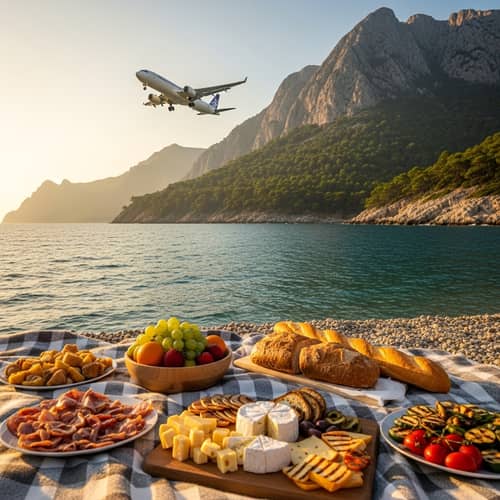 Scenic Airplane Flight Over Majestic Mountains and Tranquil Beach