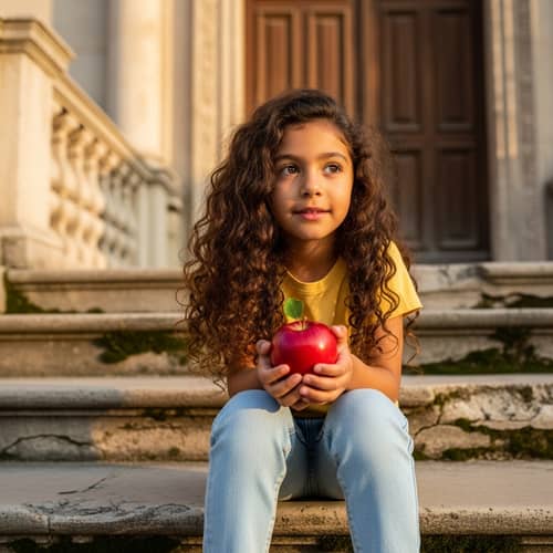 Young Hispanic Girl with Curly Brown Hair and Red Apple