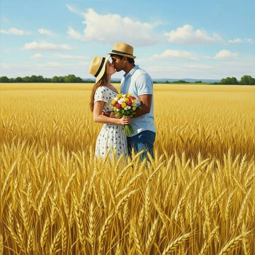 Vibrant Wheat Field Painting with Romantic Embrace | Art Scene