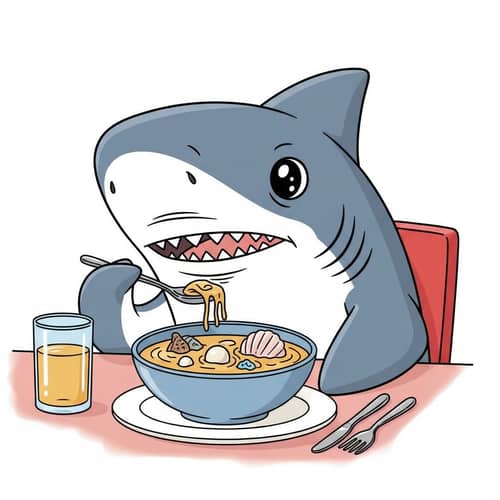 Delightful Sea Treasures: Cartoon Shark Savoring Soup in a Restaurant