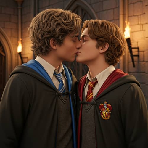 Teenage Boys Kissing in Castle Hallway - Defying House Allegiance