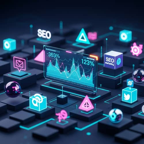 Futuristic Digital Marketing Landscape | Geometric Shapes & Performance Tracking