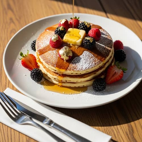 Luxurious Golden-Brown Pancake with Fresh Berries and Gold Leaf