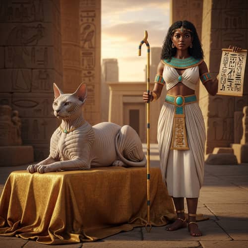 Sphinx Cat and Egyptian Girl | Ancient Egyptian Scene
