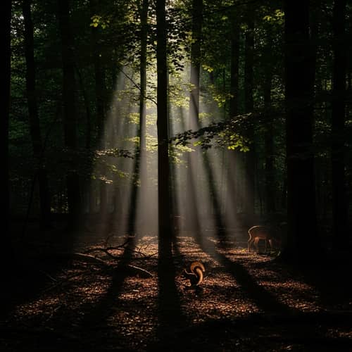 Serene Forest Scene: Sunlight and Shadow Harmony