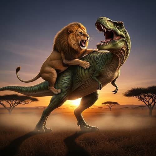 Fierce Lion vs Dinosaur Battle in Dramatic Savannah Setting