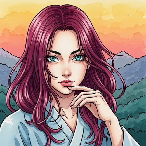 Vibrant Ukiyo-e Portrait with Magenta Hair and Turquoise Eyes