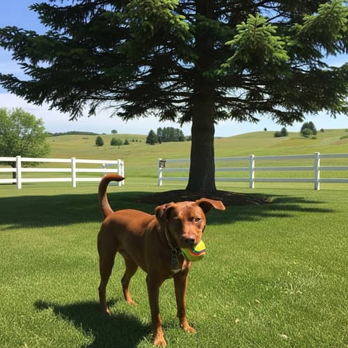 Playful Brown Dog in Sunny Backyard with Colourful Ball