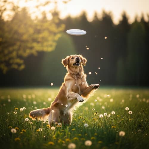 Tranquil Meadow Scene with Energetic Golden Retriever Playing