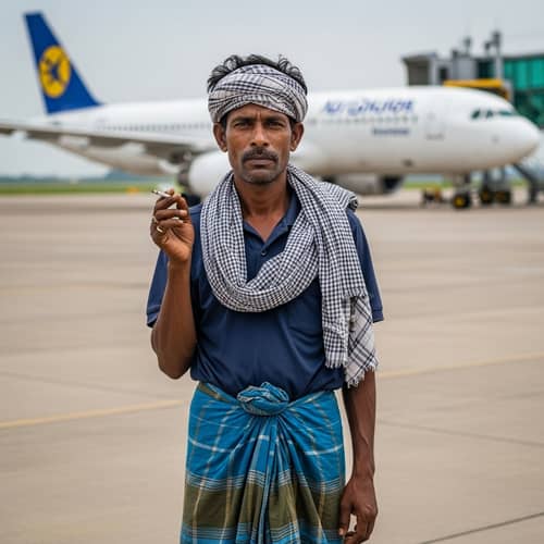 South Asian Man in Lungi at Airport with Aeroplane - Casual Relaxation