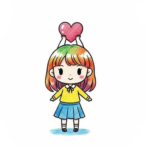 Chibi Style Girl Drawing Holding Heart - Artistic Crayon Stroke