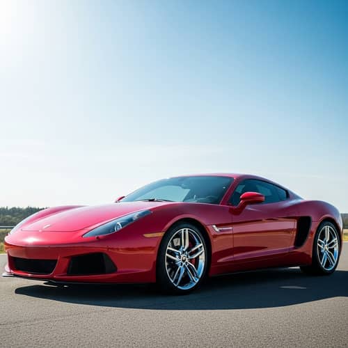 Sleek Red Car | Speed & Luxury | Silver Rims | Clear Blue Sky