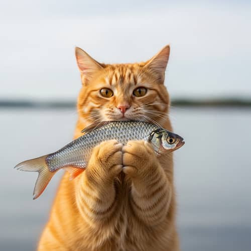 Majestic Ginger Cat Holding Shimmering Silver Fish
