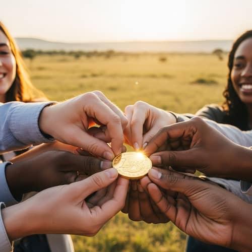 Unity in Charity: Diverse Group Holding a Golden Coin on Savanna