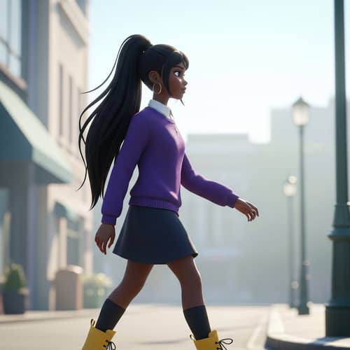 Determined Dark-Skinned Teenage Girl in Purple Sweater and Yellow Boots