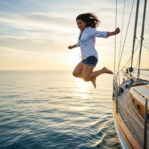 Ethereal Sunset Jump | Energetic Woman Leaping off Classic Wooden Sailboat