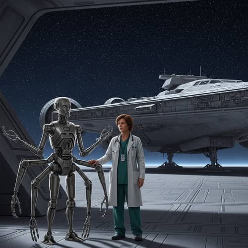 Sci-Fi Doctor with Multilimbed Robot in Galaxy | Saga Inspired Scene