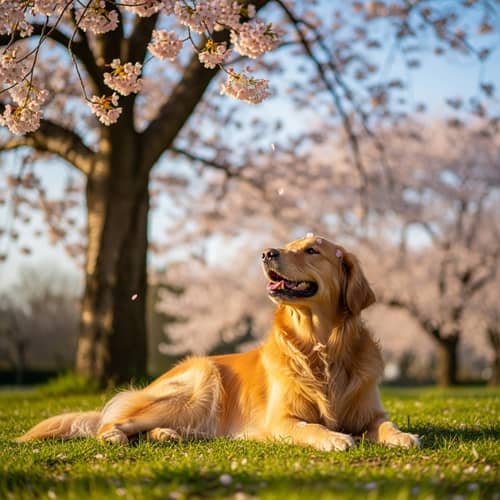 Golden Retriever Enjoying Cherry Blossom Sunshine | Spring Scene
