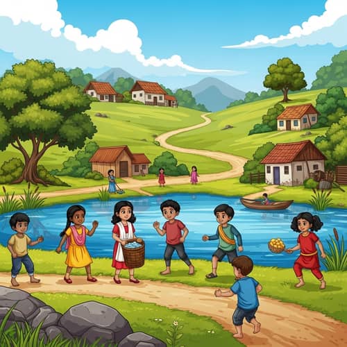 Diverse Village Children Playing by Serene Lake | Rustic Rural Life